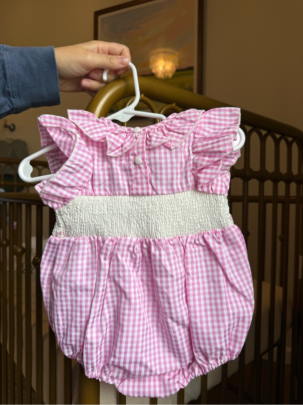 Pink Gingham Baby Bubble Romper with Bunny Smocking - Picture 2 of 2